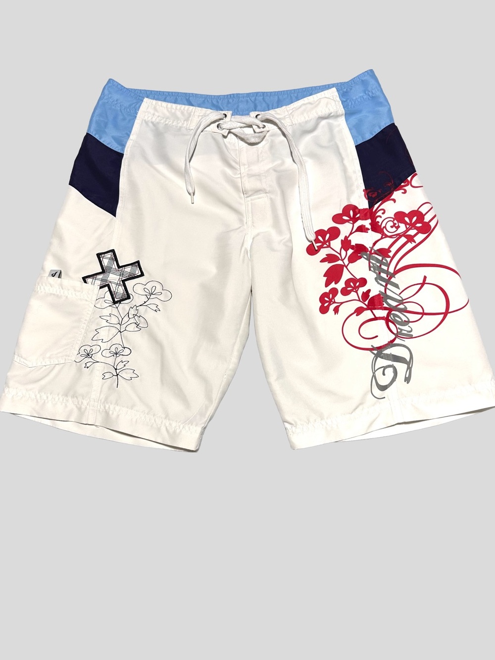 Dream Floral Graphic Board Shorts White Blue Red Surf Swim Trunks M